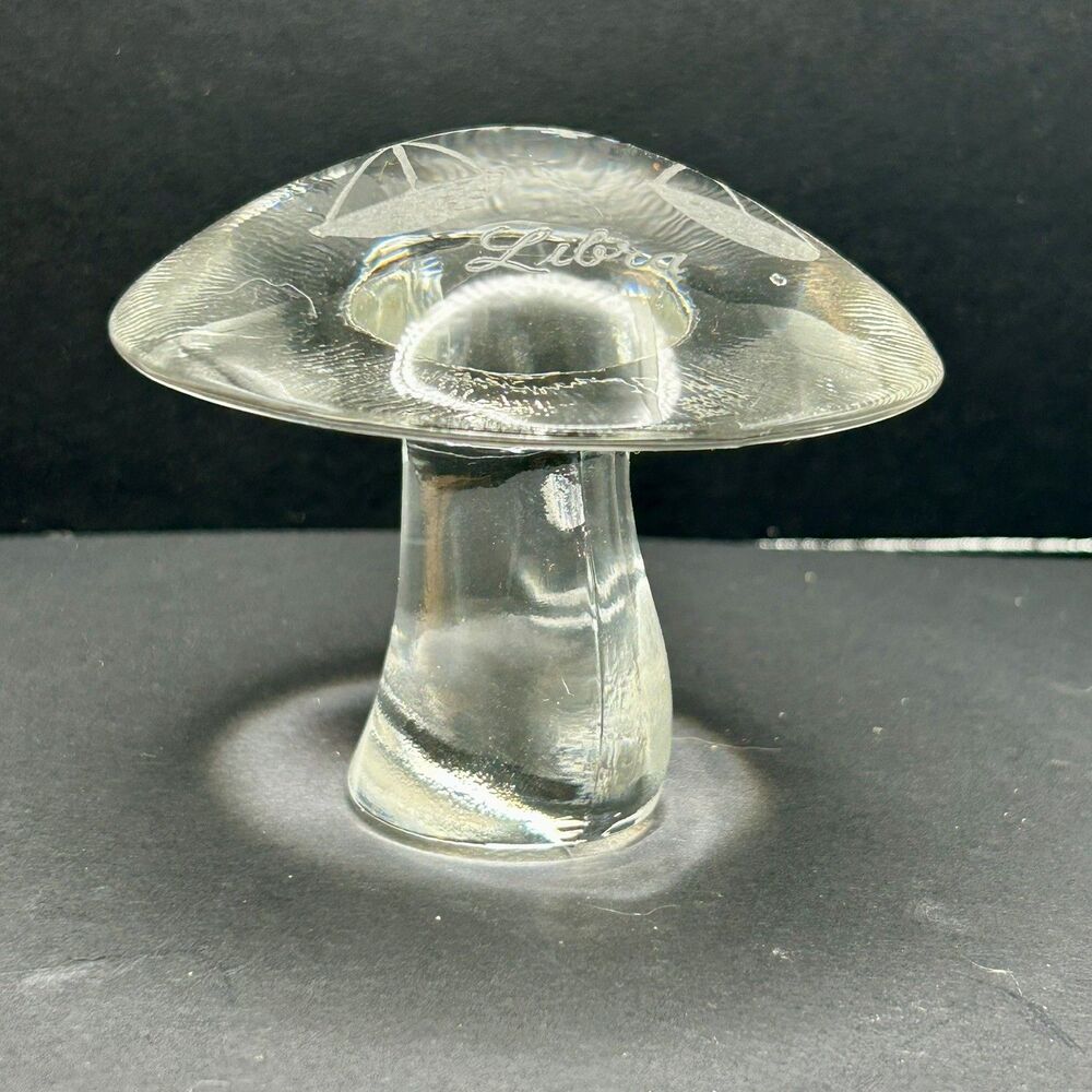 Vintage Viking Glass Zodiac Mushroom Libra Clear Etched Paperweight